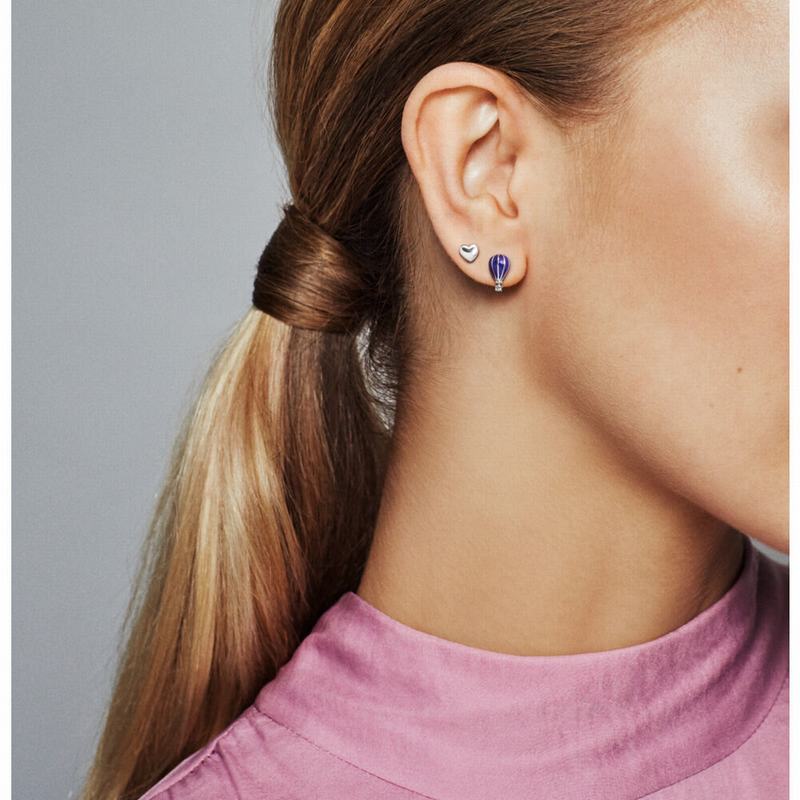 Pandora Hot Air Balloon & Heart Stud Earrings Europe - Sterling Silver/Enamel/Blue - 041798POI